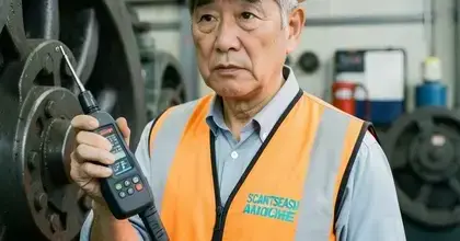 振動計でポンプを診断する技術者