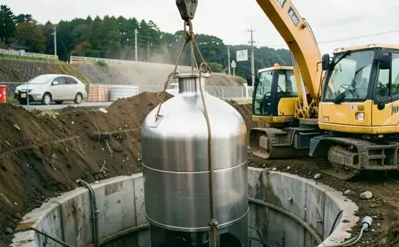 井戸から水中ポンプを引き上げ